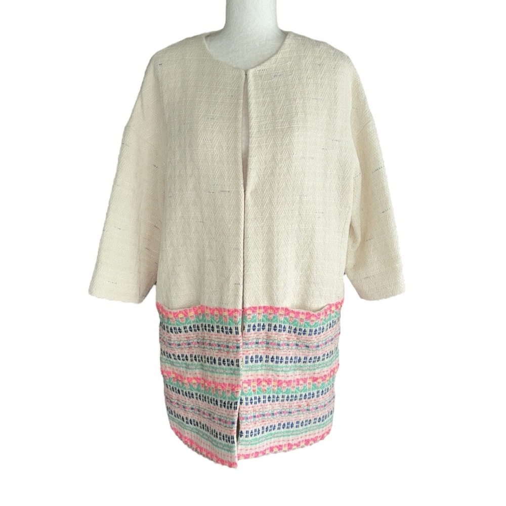 Anthropologie Vilagallo Ivory Multicolor Embroidered Woven Tweed Long Jacket - L